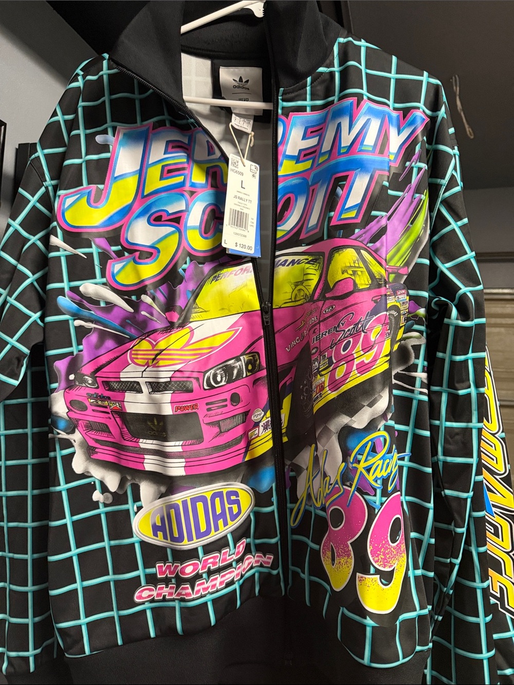 adidas Black Jacket with Teal Grid and Pink-Yellow Racing Graphic